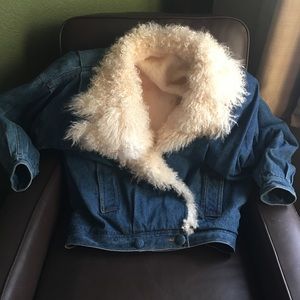 Vintage Blue Jean Jacket with Mongolian Fur Collar